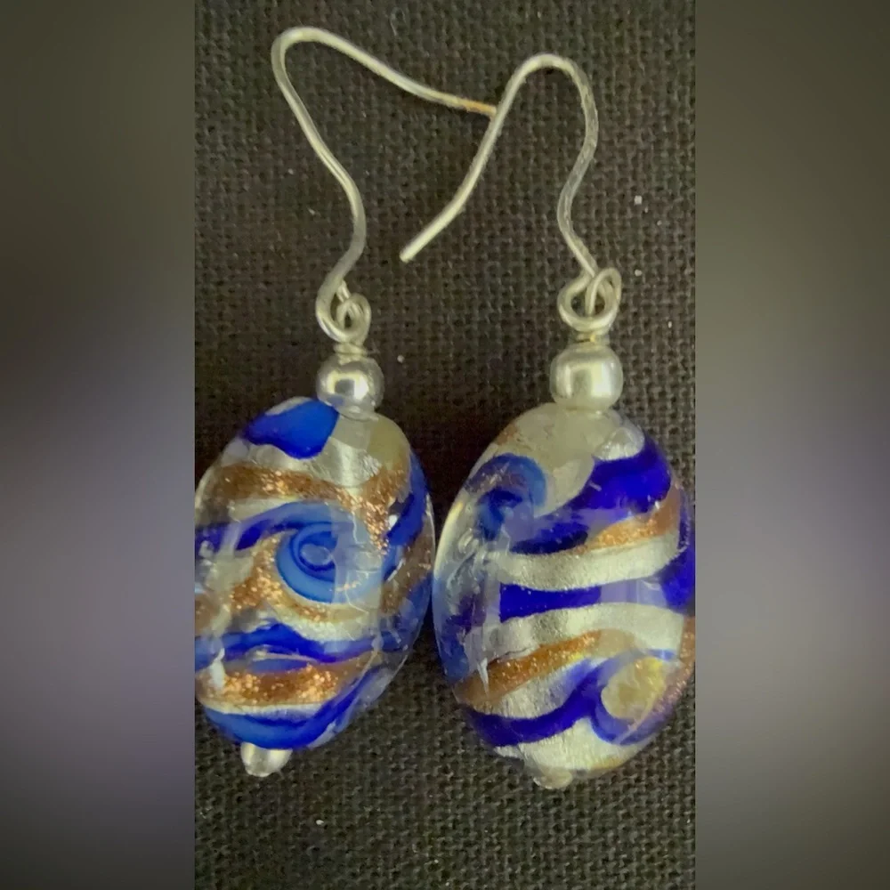 Handcrafted Glass Oval Dangle‎ Earrings Blue Gold Beaded Art Hook